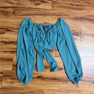 Windsor Teal Puff-Sleeve Tie-Front Crop Top